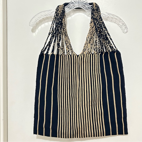Mexican Handwoven Cotton Market Bag - Boho Stripe Tote Navy-Blue and Brown - Picture 1 of 6